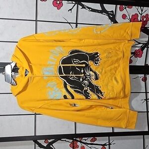 Ed Hardy Crouching Black Panther Yellow Graphic Hoodie Pullover Size Med…